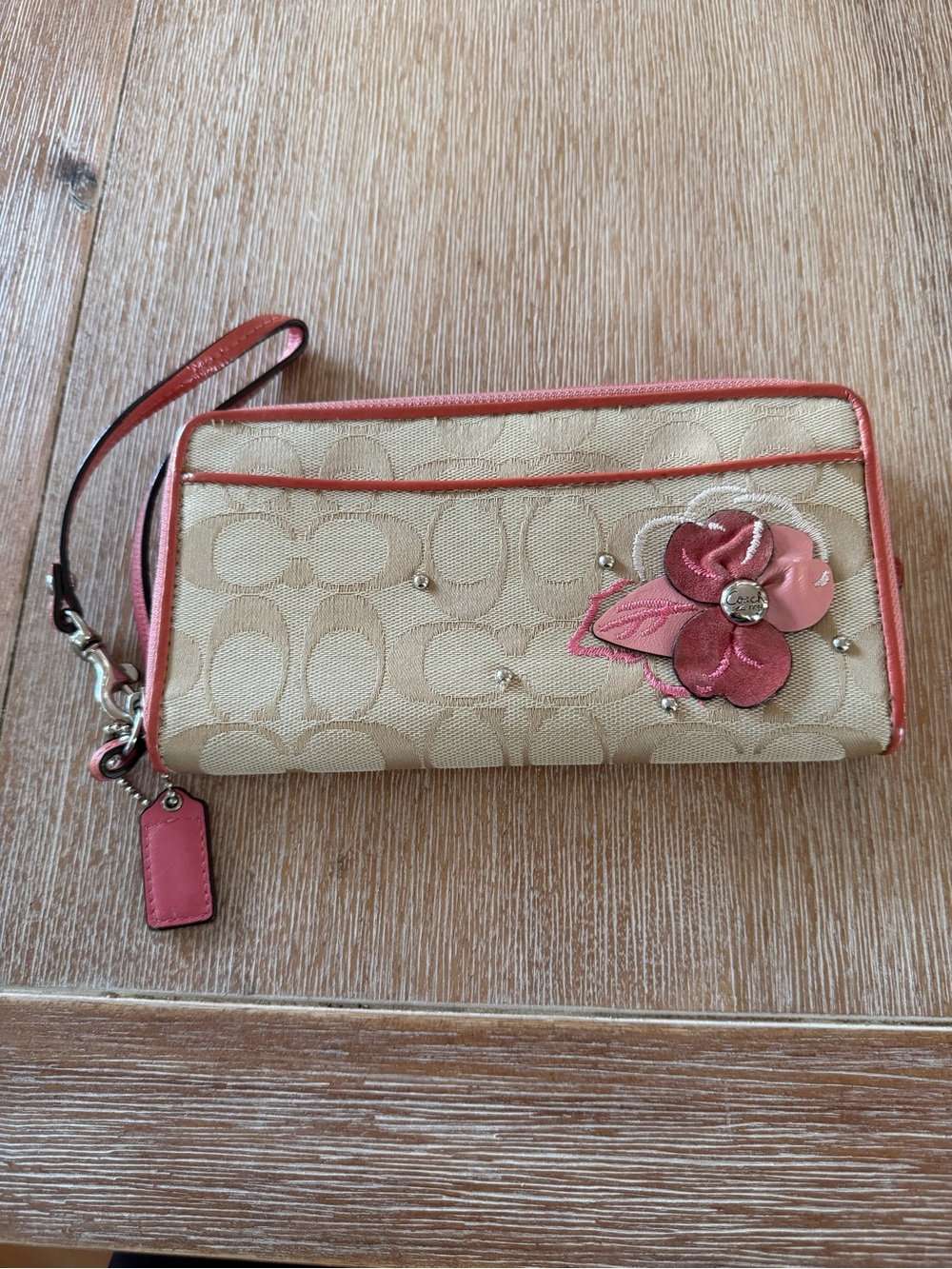 Y2K Coach Beige Signature Wallet with Pink Floral Applique